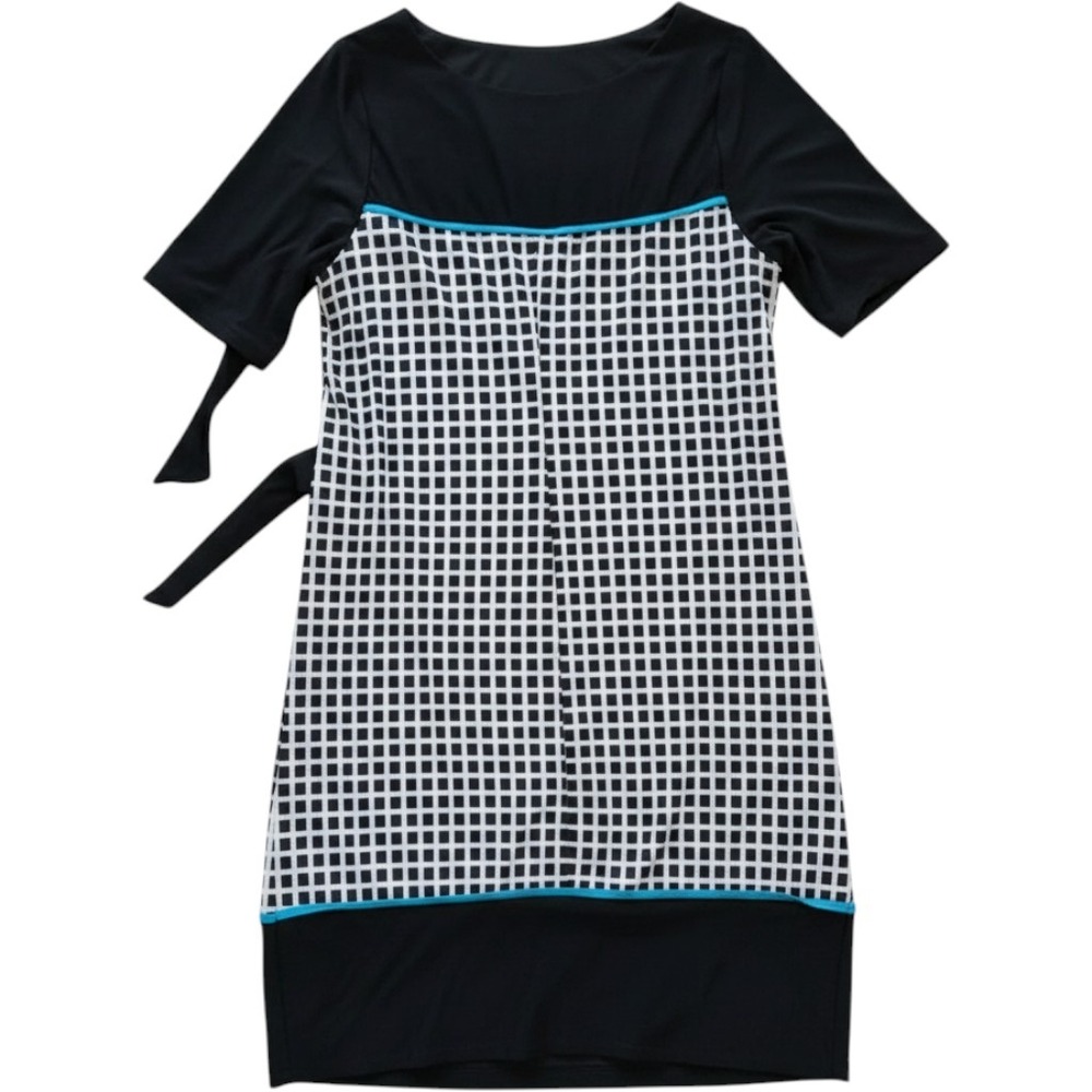 Avenue Women Dress Size Petite Medium Black White Grid Sheath Blue Trim